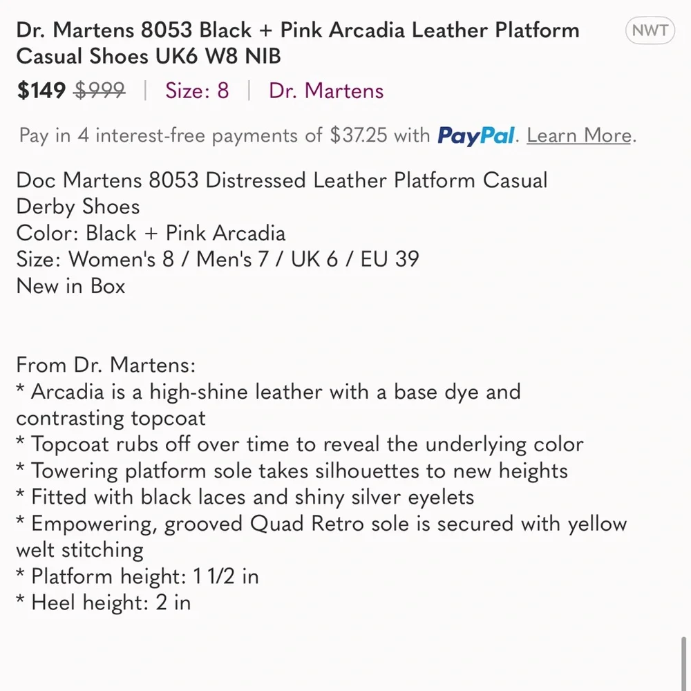 Dr. Martens 8053 Black + Pink Arcadia Leather Platform Casual Shoes UK6 W8 NIB - Picture 8 of 8